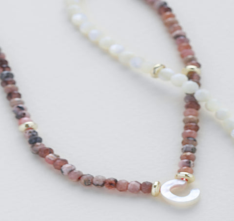 NECKLACE-INITIAL STONE RHODONITE