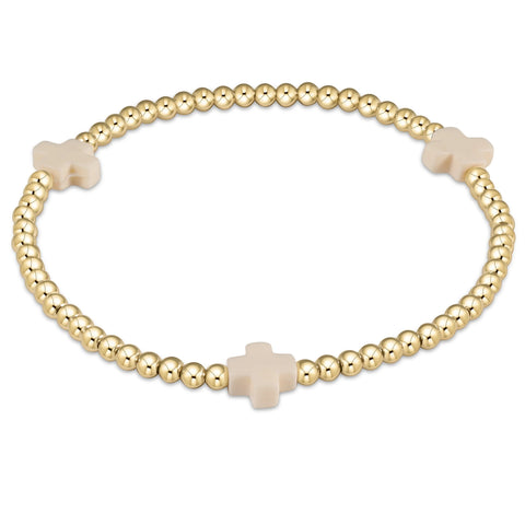 BRACELET -GOLD SIGNATURE CROSS 3MM BEAD OFF WHITE
