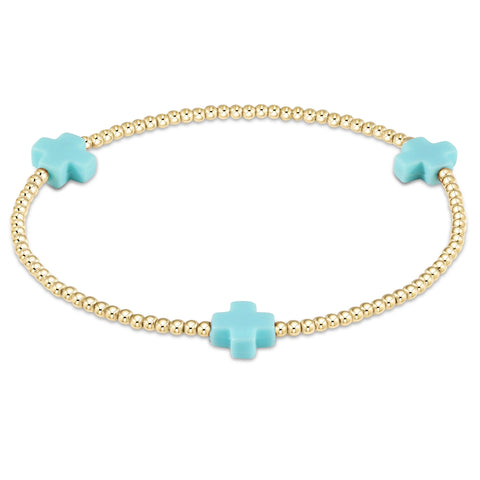 BRACELET -GOLD SIGNATURE CROSS 2MM BEAD TURQUOISE