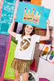 QUEEN OF SPARKLES-KIDS GOLD FOOTBALL WHITE TEE