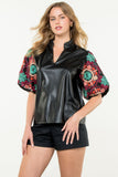 THML-TOP EMBROIDERED PUFF SLEEVE LEATHER BLACK