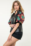 THML-TOP EMBROIDERED PUFF SLEEVE LEATHER BLACK