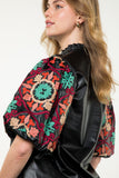 THML-TOP EMBROIDERED PUFF SLEEVE LEATHER BLACK