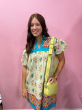 THML DRESS PUFF SLEEVE FLORAL V-NECK TEAL