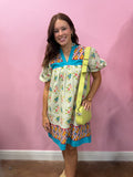 THML DRESS PUFF SLEEVE FLORAL V-NECK TEAL