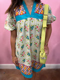 THML DRESS PUFF SLEEVE FLORAL V-NECK TEAL