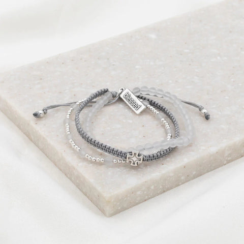 BE STILL 3 ROW BRACELETS -SILVER FROSTED QUARTZ