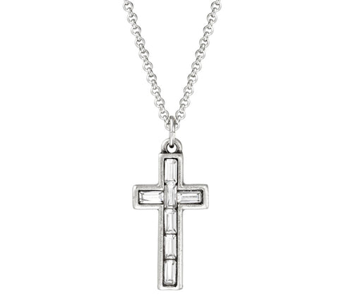 NECKLACE-CRYSTAL BAGUETTE CROSS SILVER