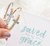 CRYSTAL BAGUETTE CROSS  SILVER AQUAMARINE BRACELET