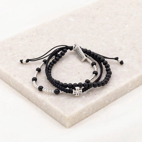 BE STILL 3 ROW BRACELET -SILVER-BLACK AGATE