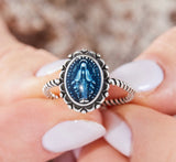 RINGS-MIRACULOUS MEDAL IN BLUE SILVER PLATED