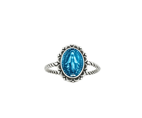 RINGS-MIRACULOUS MEDAL IN BLUE SILVER PLATED