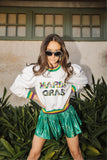 QUEEN OF SPARKLES • MARDI GRAS POOF SHOULDER SWEATSHIRT